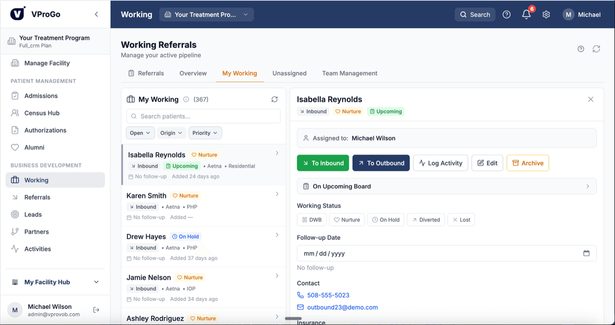 VProGo Working Referrals — 367 active referrals with status tracking, assignment, and one-click actions